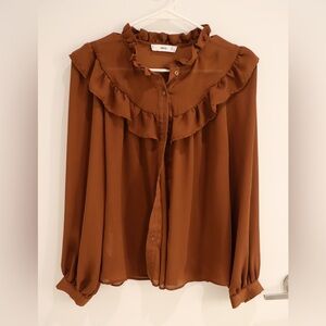 Mango Chocolate Brown Ruffled Long Sleeve Sheer Button-Down Blouse Size 2